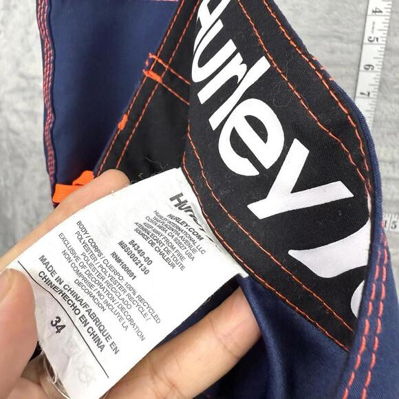 Hurley Navy Board Shorts Men Sz 34 Orange Stitch Surf Swim Trunks Pocket Beach - Picture 5 of 10